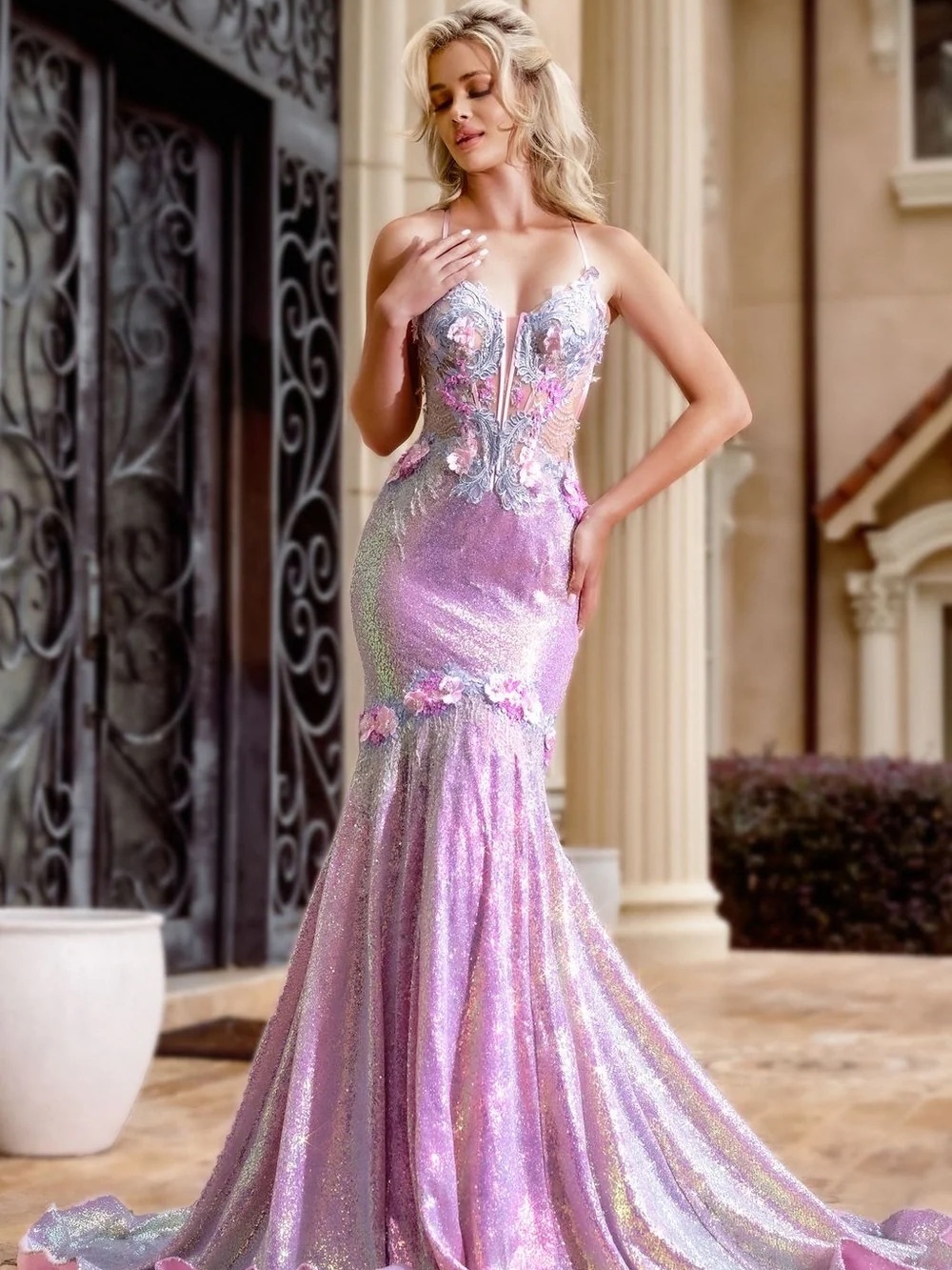 Portia and Scarlett Iridescent Lilac Sequin Mermaid Gown